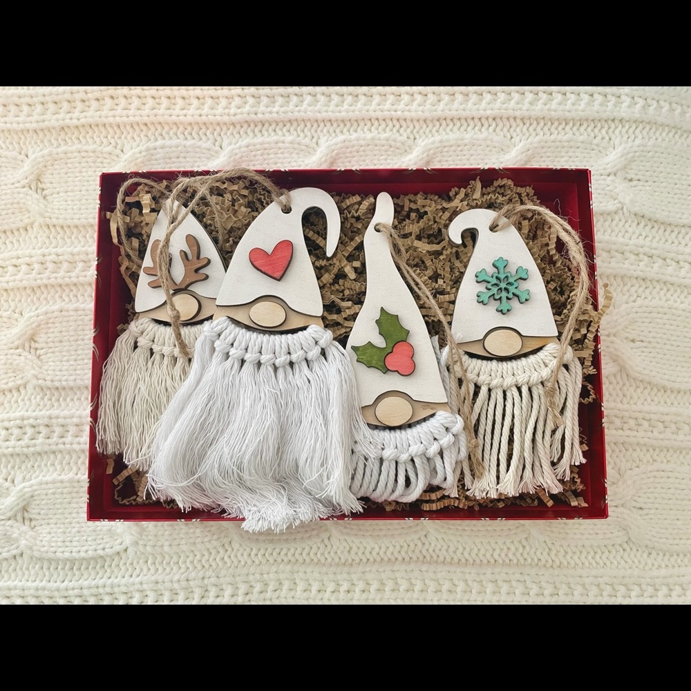 Set of four Macrame Gnome wood Ornaments